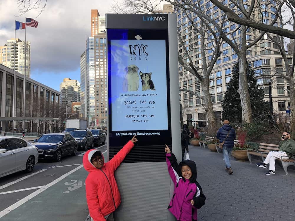 Boogie and Marcelo were featured in an art piece plastered all over New York City! NYC Dogs is a project by artist Andrea Caceres, and shared by Link NYC. 