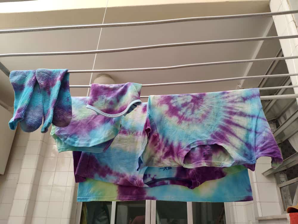 Tie dyed items air drying. 